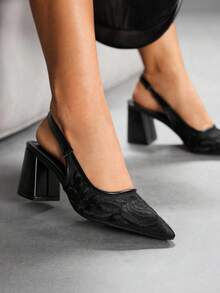 CUCCOO SZL 女士时尚网眼刺绣尖头粗跟高跟鞋，适合通勤、约会、派对、度假、婚礼 - 黑色 - 查看 3
