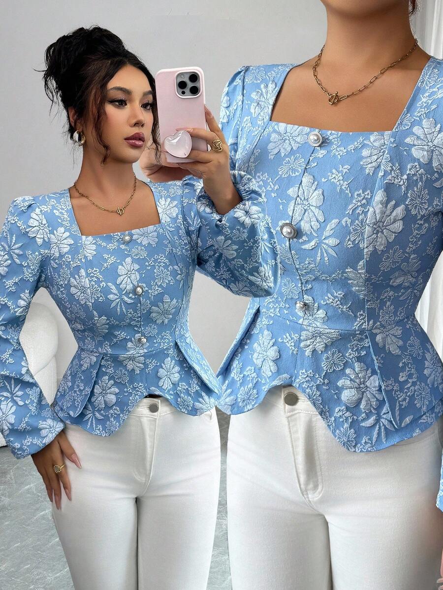 SHEIN PETITE 优雅精致方领腰部纽扣装饰纹理提花面料长袖女式衬衫 - 藍色 - 查看 1