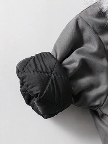 年轻女孩冬季休闲时尚街头拼接蓬松拉链前连帽保暖内衬夹克 - 灰色 - 查看 4