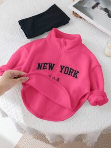 SHEIN Baby Girls' Cute Letter Print Thermal Lined Stand Collar Sweatshirt And Elastic Waist Pants Set, Autumn/Winter - Multicolor - View 3