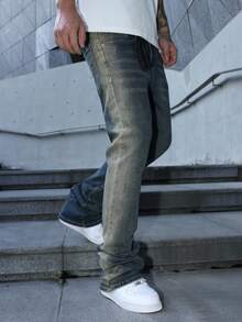 Manfinity Roughcore Men's Horseshoe Embroidered Flared Jeans, Casual Street Style Pants For All Seasons Stretch Vintage Washed Grey For Distressed Jeans - Medium Wash - View 7