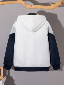SHEIN Tween 男童休闲拼色连帽拉链长袖卫衣，适合通勤、上学、日常休闲、旅行、运动、春夏秋冬，抓绒，加厚 - 藍色 - 查看 2