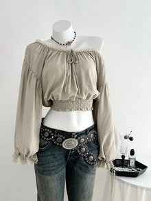 SHEIN Unity 露肩蕾丝拼布灯笼袖衬衫 - 卡其色 - 查看 1