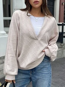 DAZY Áo nỉ nữ tay dài vải dày họa tiết cổ chữ V dáng rộng màu trơn phong cách đường phố thường ngày, mùa thu/đông - Màu be - Xem 6