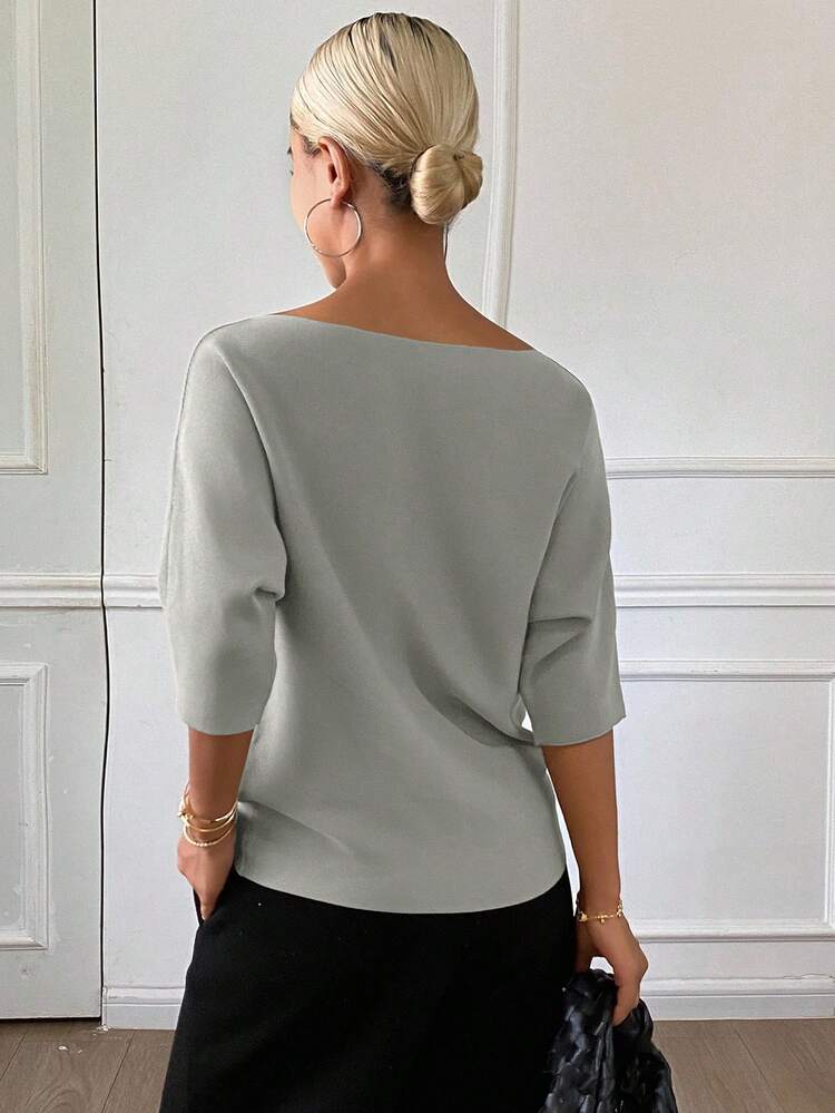 Women's Solid Color Fitted Boat Neck Half Sleeve Casual Elegant Knit Top, Autumn/Winter