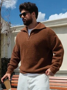 DAZY Men's Solid Brown Half-Zip Stand Collar Sweater, Autumn/Winter - Brown - View 6
