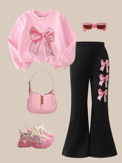 小女孩两件套：黑色圆领长袖蝴蝶印花卫衣 + 喇叭裤 - 春秋季时尚休闲日常儿童卫衣和裤子套装