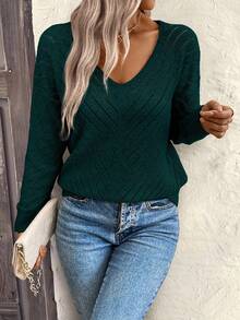 EMERY ROSE Suéter holgado y casual de mujer con cuello en V y textura geométrica hueca - Verde Oscuro - Ver 5