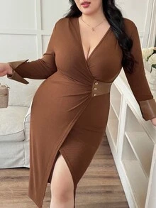 Modelyn Große Größen Elegantes Wickelkleid mit langen Ärmeln und Bodycon-Schnitt für Damen - Braun - Übersicht 4