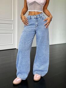 SHEIN PETITE PETITE 90s , Women's Basic Casual Loose Blue Denim Pants, Bow Jeans, Homecoming Jeans, Korean Fashion, Baggy Women Jeans, Jeans With Bow, Tall Women Jeans - Light Wash - View 3