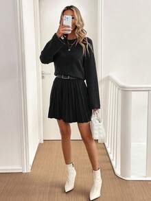 SHEIN LUNE 2pcs/Set Women's Collegiate Style Solid Color Raglan Sleeve Sweater And Knit Mini Skirt - Black - View 6