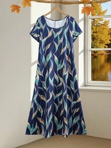 EMERY ROSE 大码女式蓝色花卉印花短袖方领连衣裙