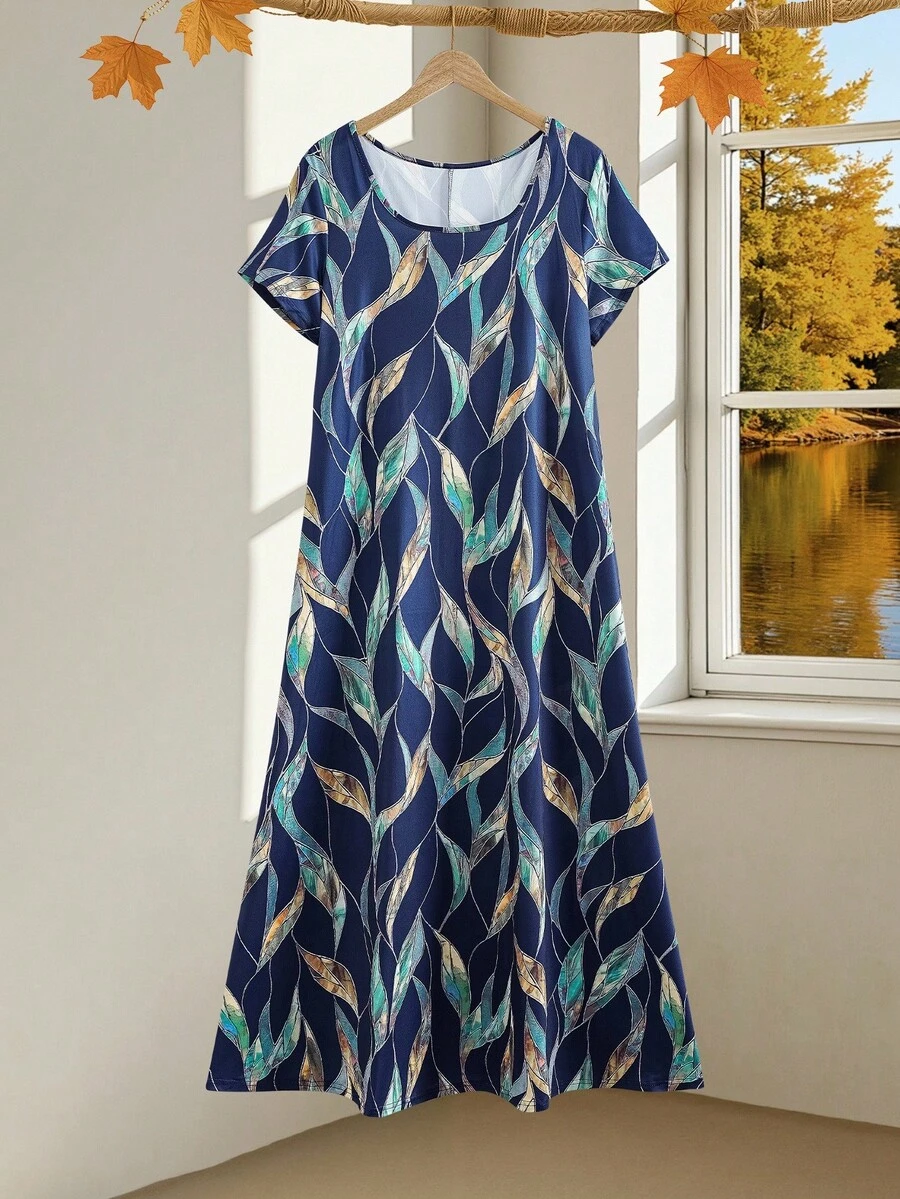 EMERY ROSE 大码女式蓝色花卉印花短袖方领连衣裙