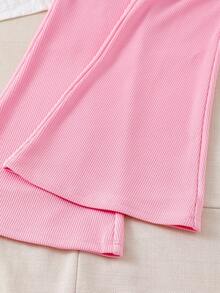 Set 2 buc. fete, hanorac cu mânecă raglan, culoare solidă și pantaloni evazați, ținută casual tricotată - Roz - Vizualizare 7
