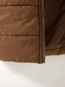 SHEIN Playful Pals 1 件女婴冬季新款 2025 缝线加厚棕色前口袋拉链连帽长款外套，百搭时尚