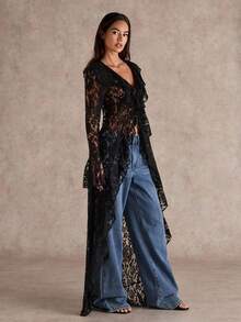 Glamine 春夏浪漫度假荷叶边优雅蕾丝透视女长款薄外套西装女蕾丝外套蕾丝女万圣节蕾丝上衣秋冬女装外套 - 黑色 - 查看 3