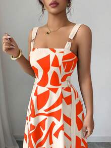 Selianne 女式夏季新款休闲细肩带腰部喇叭形几何印花连衣裙 - 彩色 - 查看 6