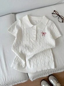 Flirla Top côtelé décontracté pour femmes avec nœud et broderie de style universitaire