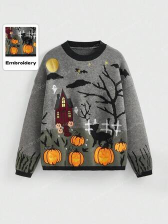 Herbst/Winter Halloween Schwarze Katze & Kürbis Retro Dunkel Vintage Pullover