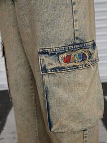 Manfinity EMRG American Streetwear 刺绣宽腿水洗复古宽松工装牛仔裤 - 藍色 - 查看 6