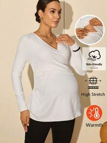 MaterniWear 孕妇职场上衣，商务休闲女装，秋季，孕妇秋季休闲纯色裹身哺乳上衣，适合孕妇、哺乳期妇女、产后妇女，白色女式上衣 - 白色 - 查看 1