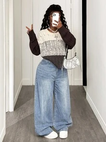 BamGleam Damen Oversized Rundhalsausschnitt Patchwork Strickpullover, Coffee Farbblock Lässig Retro Streetstyle Pullover