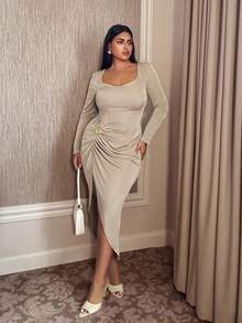 Cravure Vestido de manga larga con abertura en el bajo y cintura ceñida en unicolor para mujer de talla grande - Albaricoque - Ver 6