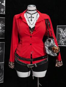 Sunspun Plus Size Sexy Leopard Print Contrast Color Fitted Shirt