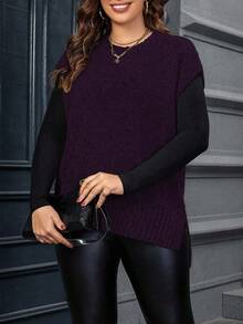 Calvaya Plus Size Casual Solid Color Side Slit Knit Vest, Autumn/Winter - Purple - View 1