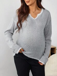 SHEIN Maternity Sweater With Fringe Trim On Neckline And Cuffs, Long Sleeve - Grey - View 5
