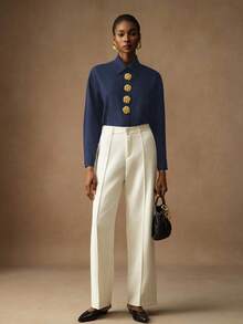 Vesra 女士优雅纯色花卉纽扣衬衫 - 藏蓝色 - 查看 6