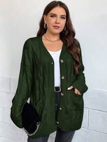 SHEIN Clasi 大码休闲纯色双口袋开衫 - 軍綠色 - 查看 5