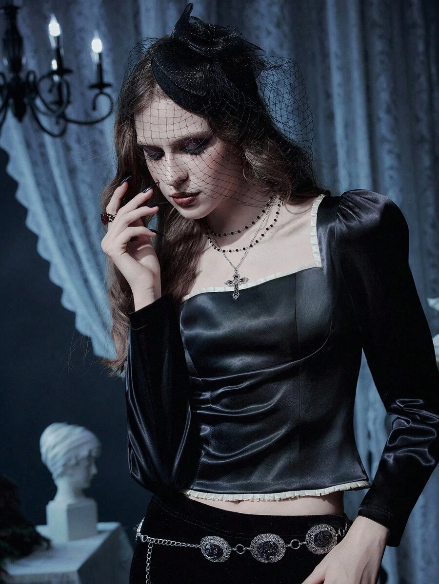 Glisette Sexy Backless Pleated Women's Top With 1.2 Satin Ribbon Pleated Lace Trim, Women's Clothing Shirt, Sexy Party Women's Shirt, Festive Clothing Shirt, Carnival Shirt, Cocktail Party Clothing Shirt, Girls' Shirt, Sexy Hot Girls. - Black - View 1