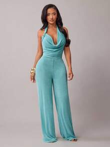 Radiana Women's Sexy & Elegant Halter Neck Backless Jumpsuit In Aqua Blue, Suitable For Dates, Gatherings, Parties, Nightclubs, Carnivals - Blue - View 6
