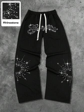 Street Life Pantalones de chándal de pierna ancha con cordón de cintura y strass, estilo callejero de moda casual para hombres