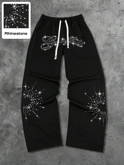 Street Life Men's Casual Fashionable Street Style American English Rhinestone Drawstring Waist Wide Leg Sweatpants