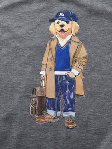 PrepCrw 2 件套青少年男孩优雅校园风格休闲都市小狗图案灰色圆领运动衫和裤子套装，适合居家、日常穿着、返校、假日、秋冬 - 彩色 - 查看 3