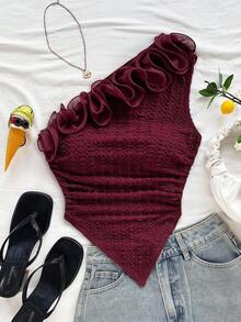 Soleia Romantic Floral Trim Fitted One Shoulder Blouse, Suitable For Vacation, Music Festival, Bohemian, Holiday Date, Afternoon Tea Burgundy - Burgundy - View 5