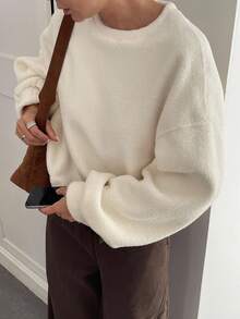 Livesso 女士宽松商务休闲简约保暖内衬厚款运动衫，秋冬 - 米色 - 查看 6