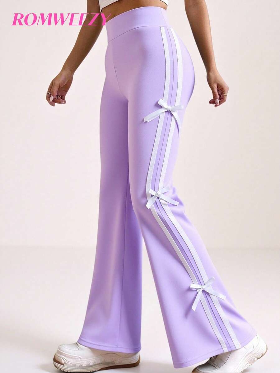 Tween Girls Casual Striped Collegiate Green Pants Fall Winter - Purple - View 1