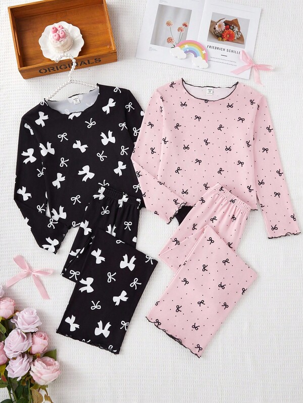 2 Stücke/Set Mädchen Schleife Muster Strick Rundhals Langarm Top und Hose 4-teiliges Pyjama Set, Frühling/Herbst