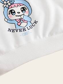 1pc Girls Cute Casual Collegiate Style Button Decor Peter Pan Collar Long Sleeve Rabbit Print Sweatshirt Fall Winter - White - View 5