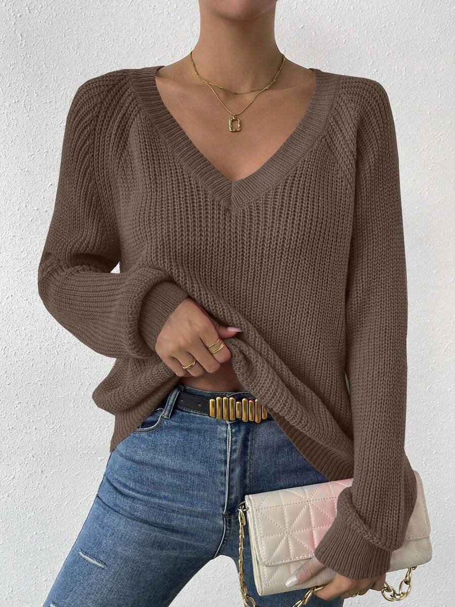 EMERY ROSE Women's Casual Solid Color V-Neck Raglan Sleeve Sweater, Autumn/Winter - Coffee Brown - View 1