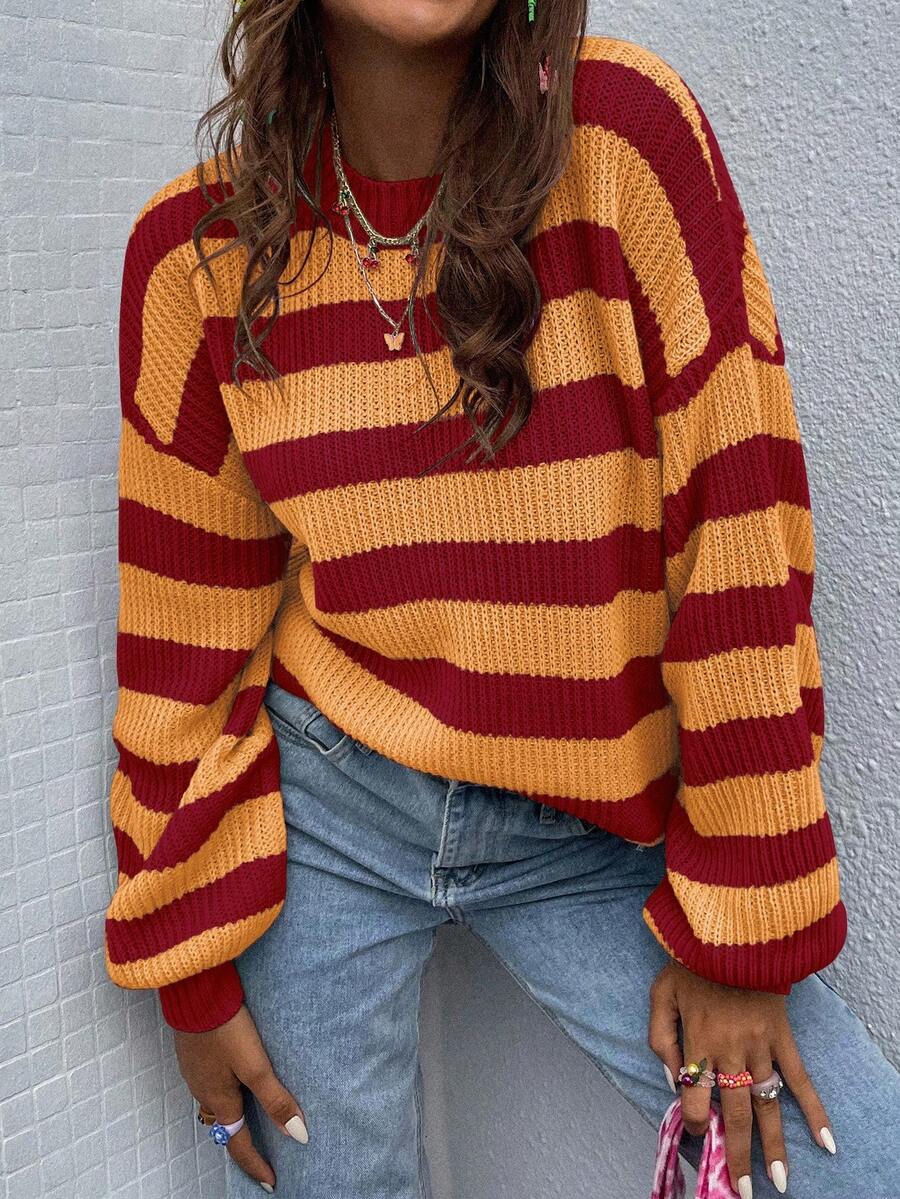 Chiquease Women's Casual Loose Fit Red Striped Round Neck Drop Shoulder Long Sleeve Sweater,Autumn Back-To-School School Fall Winter Striped Sweater - Multicolor - View 1