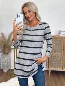 EMERY ROSE 女式条纹圆领 3/4 袖休闲侧开衩下摆 T 恤 - 灰色 - 查看 3