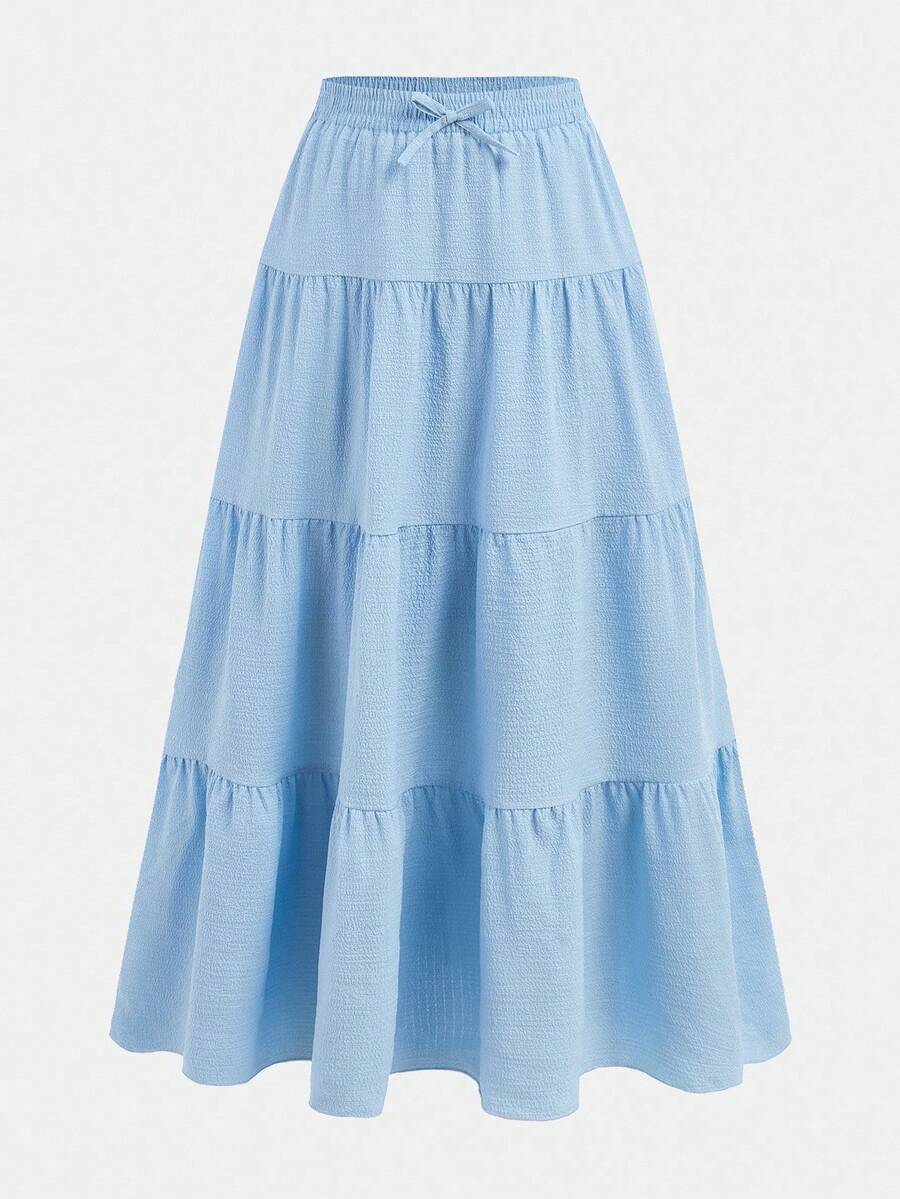 SHEIN 少女梭织纯色泡泡面料休闲宽松长裙 - 淺藍色 - 查看 1