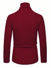 Manfinity Homme Áo thun nam cổ lọ tay dài màu trơn, có gân, thường ngày, cổ lọ, màu đỏ, dành cho nam, mùa thu - Màu Đỏ Sâu - Xem 2