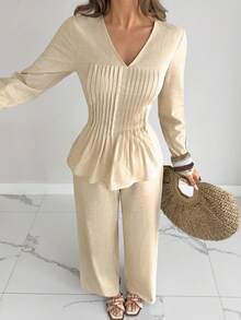 Siren Gaze Damen Einfarbig 2-teiliges Set - plissierte Bluse und gerade geschnittene Hose, baumwolliger Lässig-Outfit für Herbst/Winter - Aprikosenfarben - Übersicht 6