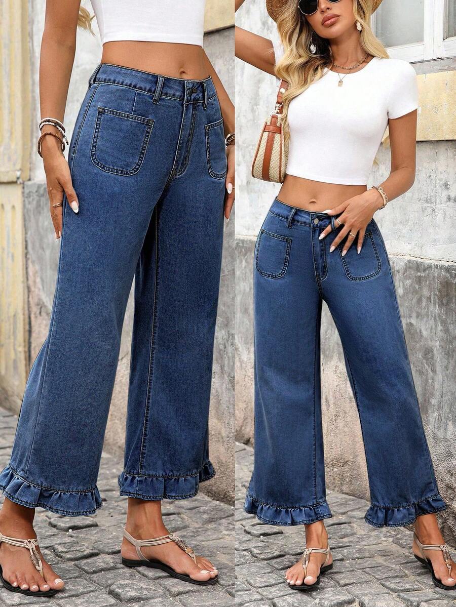 SHEIN PETITE 女士休闲日常荷叶边口袋牛仔裤，夏季 - 深色水洗藍 - 查看 1