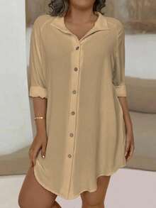 EMERY ROSE Chemise décontractée à manches longues de couleur unie grande taille